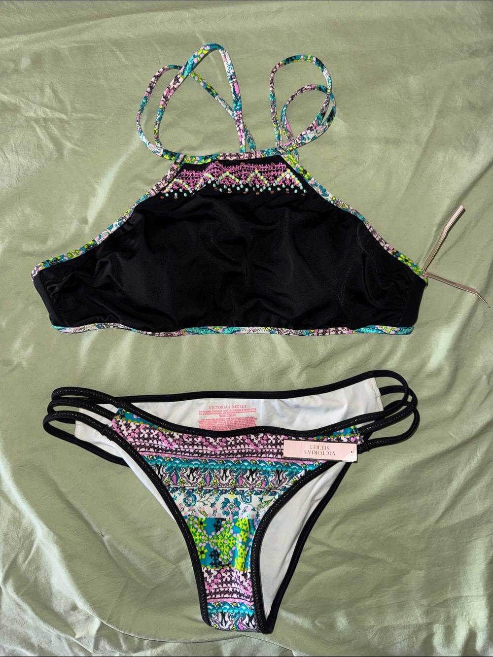 Victoria's Secret Black Bikini Set with Multicolor Floral Trim